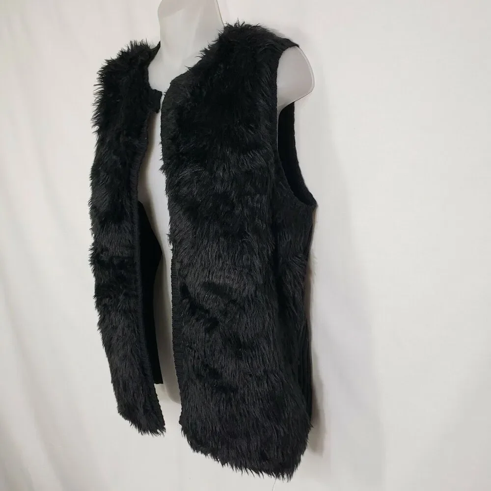 JJ Basics Womens Vest Size Large Faux Fur Black Sleeveless Lined Ribbed Back